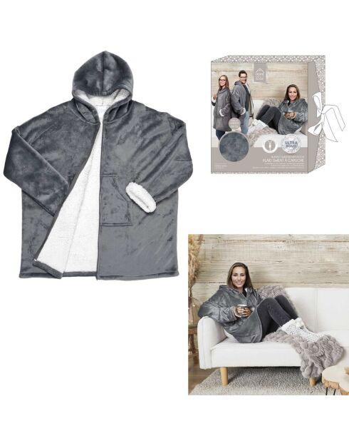 Sweat plaid zippé à capuche intérieur Sherpa gris