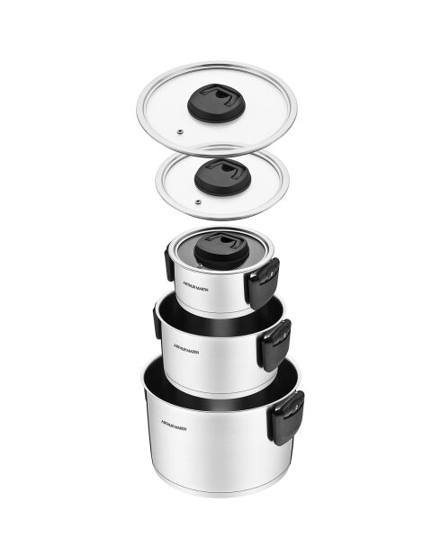 3 ollas con asa plegable y tapas de inducción grises - D.16/20/24 cm