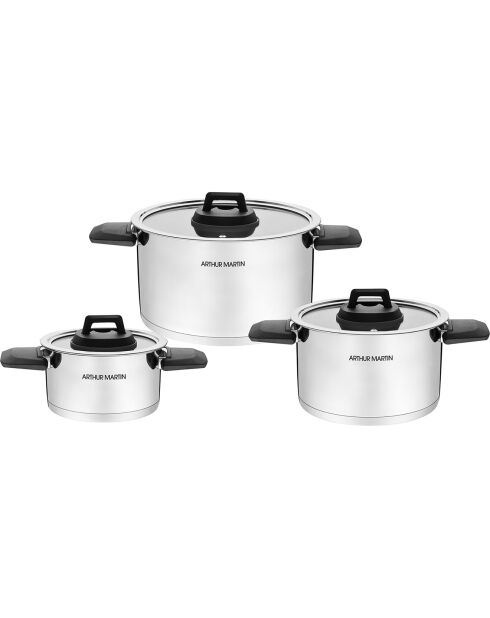 3 ollas con asa plegable y tapas de inducción grises - D.16/20/24 cm