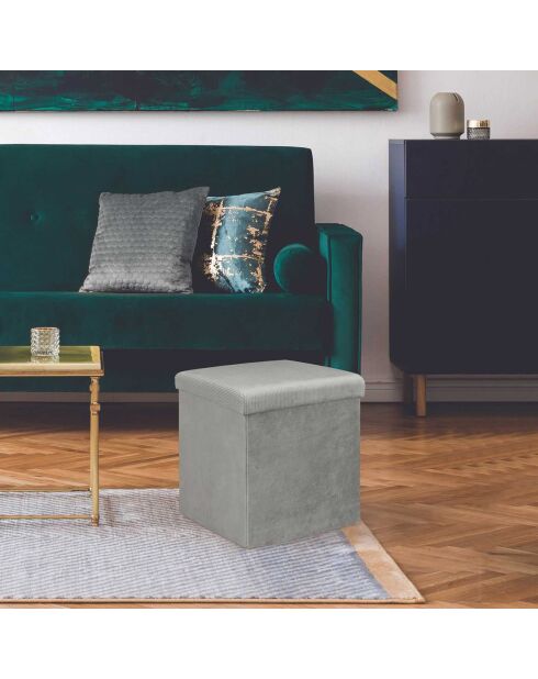 Coffre pouf pliable velours cotelé Giulia gris/souris - 38x38x38 cm