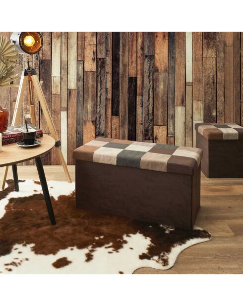 Coffre banc pliable Patchwork marron - 76x38x38 cm