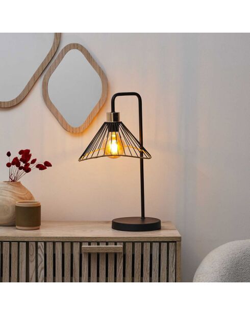 Lampe à poser rotin et métal noire - 30x47x25 cm