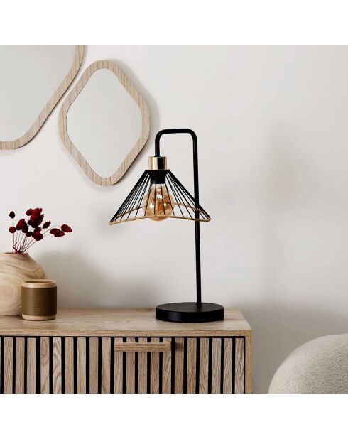 Lampe à poser rotin et métal noire - 30x47x25 cm
