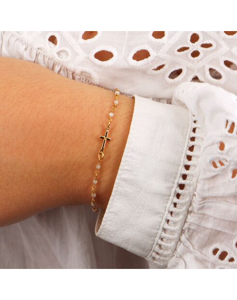 Bracelet Mini Stone Croix en Laiton doré & Perle de Lune