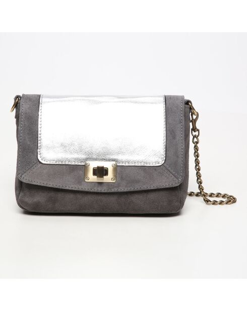 Sac bandoulière en Cuir & Velours de Cuir d'Agneau Gaby argenté/gris - 21x15x7 cm