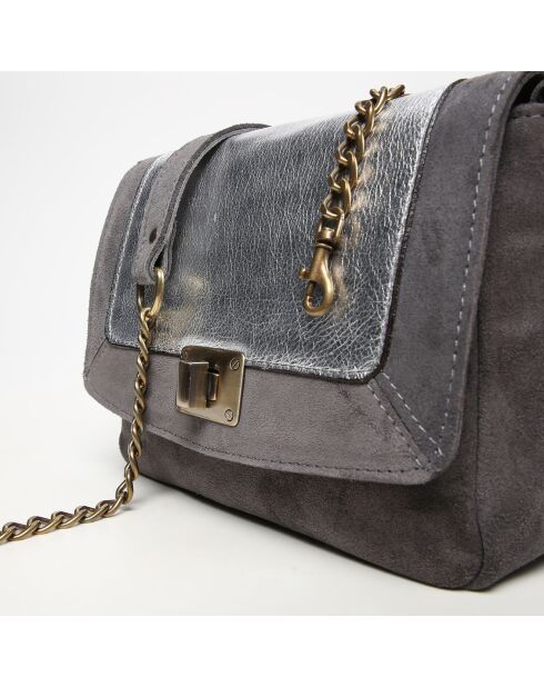 Sac bandoulière en Cuir & Velours de Cuir d'Agneau Gaby argenté/gris - 21x15x7 cm