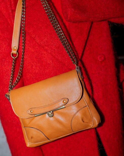 Sac bandoulière en Cuir d'Agneau Diago camel  - 26x20x1 cm