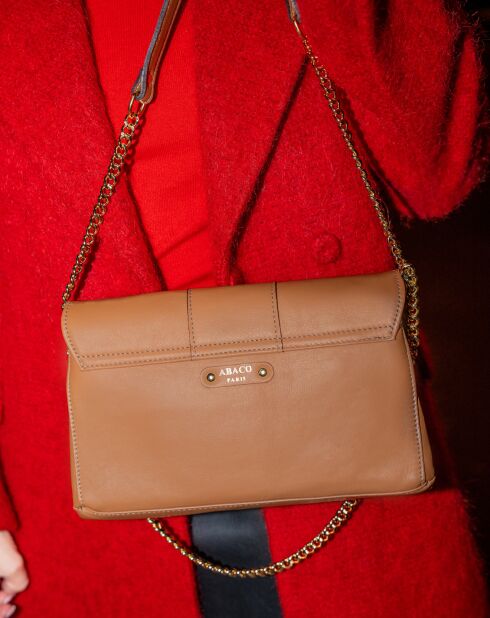 Sac bandoulière en Cuir de Vachette Zig camel  - 27x17x5 cm