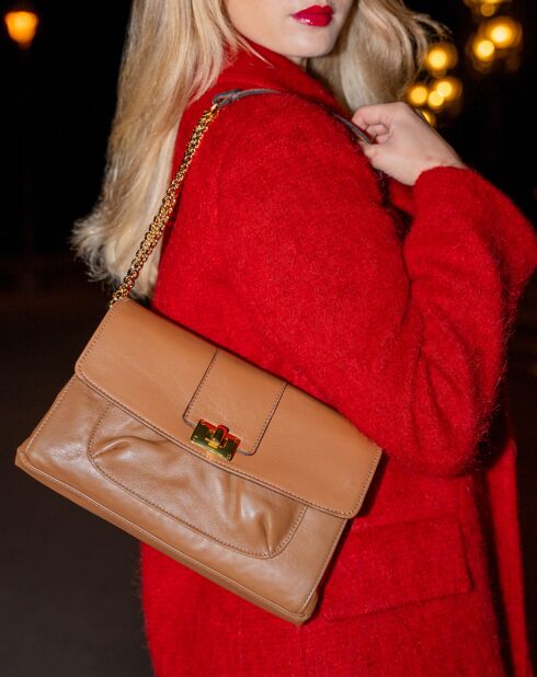 Sac bandoulière en Cuir de Vachette Zig camel  - 27x17x5 cm