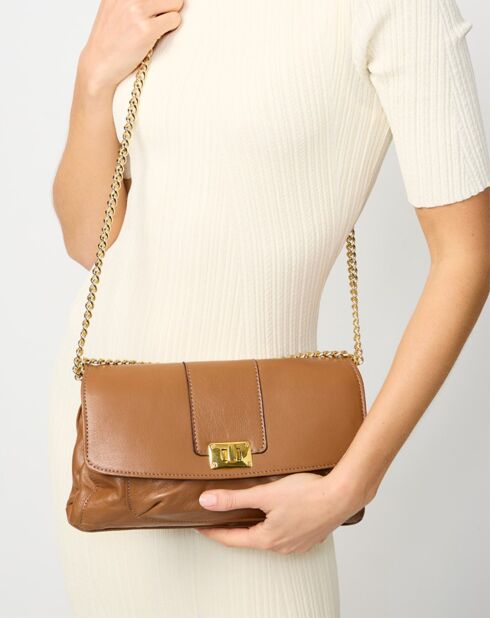 Sac bandoulière en Cuir de Vachette Zig camel  - 27x17x5 cm