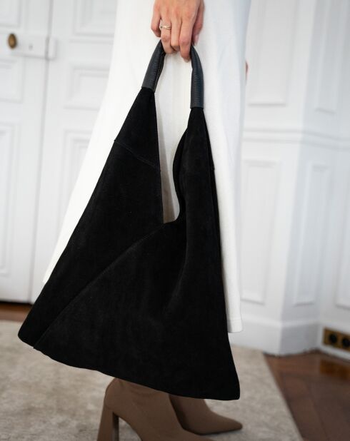 Bolso de mano negro de piel vaquera - 40x47 cm