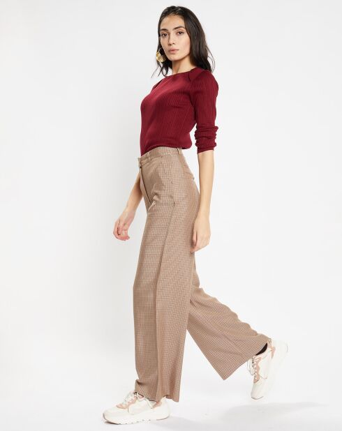 Pantalon large et fluide imprimé pied-de-poule marron