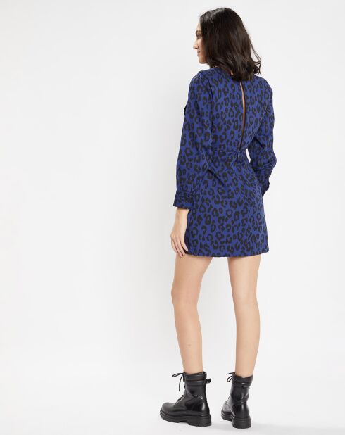 Robe court en Coton bio Clara imprimé léopard bleu/noir