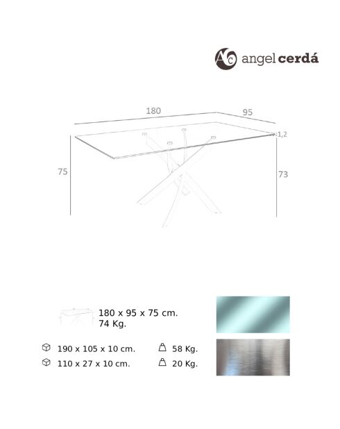 Table de salle à manger avec plateau  transparent/argenté - 180x95x75 cm