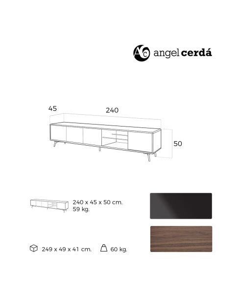 Meuble TV 4 portes noyer/noir  - 240x45x50 cm