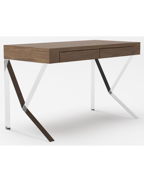 Bureau en bois avec 2 tiroirs noyer/argenté  - 120x61x76 cm