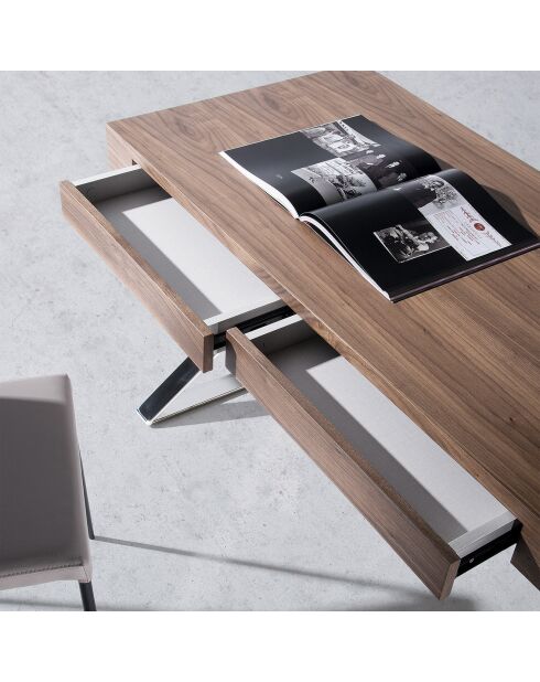 Bureau en bois avec 2 tiroirs noyer/argenté  - 120x61x76 cm