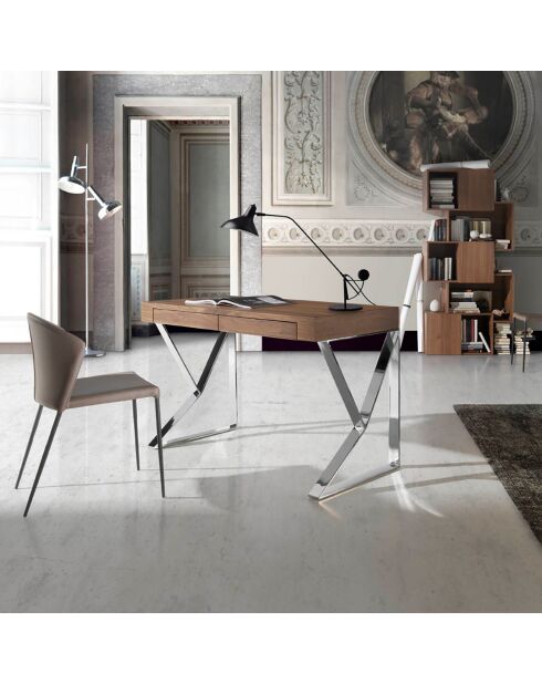 Bureau en bois avec 2 tiroirs noyer/argenté  - 120x61x76 cm