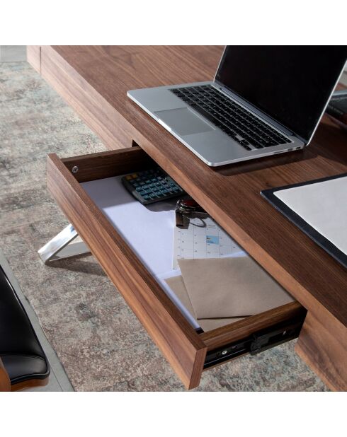 Bureau en bois avec 2 tiroirs noyer/argenté  - 120x61x76 cm