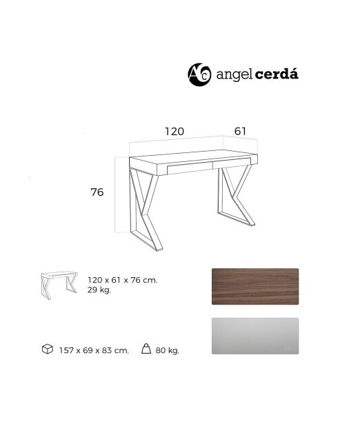 Bureau en bois avec 2 tiroirs noyer/argenté  - 120x61x76 cm