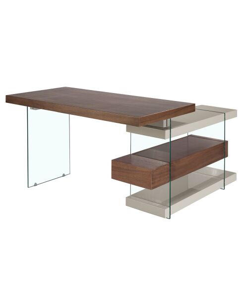 Bureau avec plateau principal et bloc-tiroirs noyer/gris perle - 140x127x75 cm