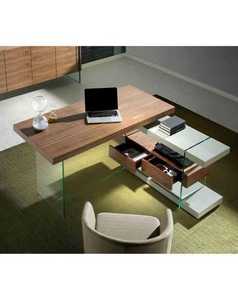 Bureau avec plateau principal et bloc-tiroirs noyer/gris perle - 140x127x75 cm