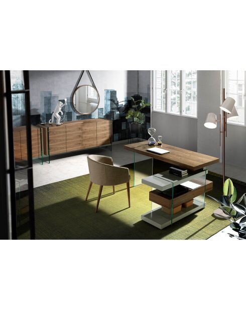 Bureau avec plateau principal et bloc-tiroirs noyer/gris perle - 140x127x75 cm