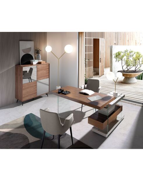 Bureau avec plateau principal et bloc-tiroirs noyer/gris perle - 140x127x75 cm