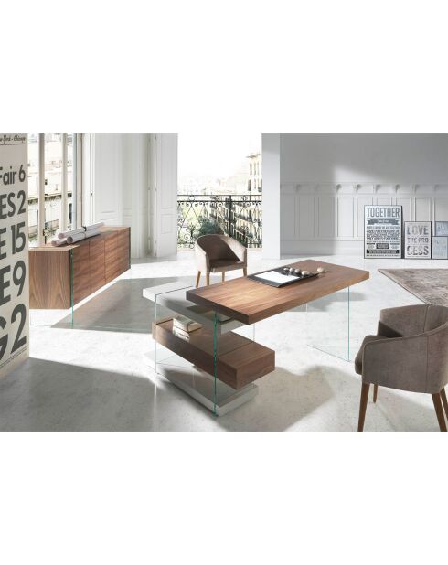 Bureau avec plateau principal et bloc-tiroirs noyer/gris perle - 140x127x75 cm