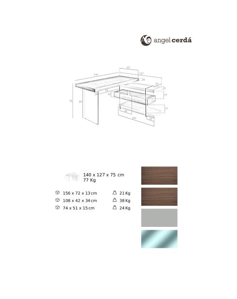 Bureau avec plateau principal et bloc-tiroirs noyer/gris perle - 140x127x75 cm