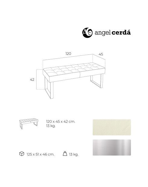 Banc similicuir et pieds en acier blanc - 120x45x42 cm