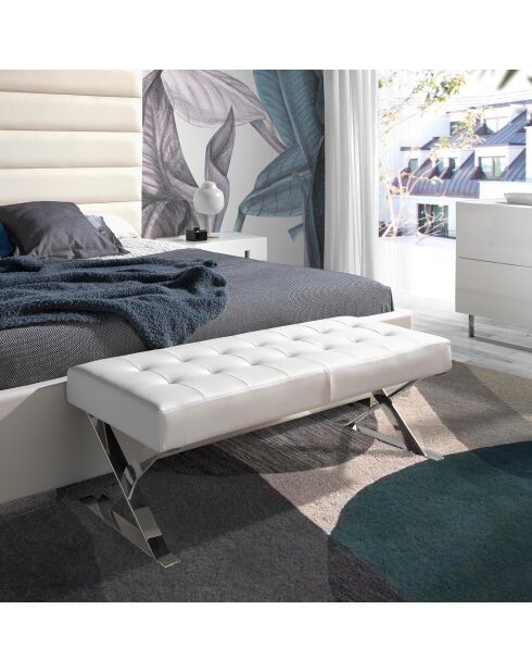 Banc similicuir et pieds acier blanc - 120x45x42 cm
