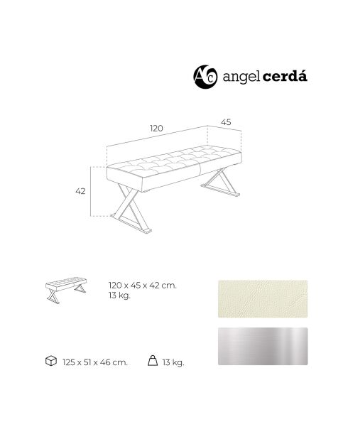 Banc similicuir et pieds acier blanc - 120x45x42 cm
