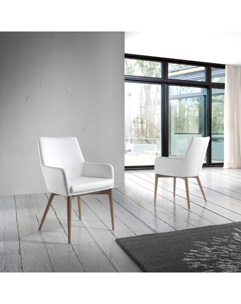 Chaise de salle à manger similicuir avec accoudoirs blanc/noyer  - 57x64x88 cm