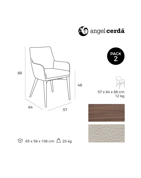 Chaise de salle à manger similicuir avec accoudoirs blanc/noyer  - 57x64x88 cm