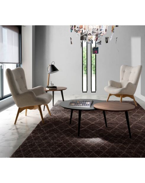 Fauteuil tapissé avce capiton gris/noyer - 70x80x92 cm