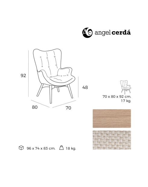 Fauteuil tapissé avce capiton gris/noyer - 70x80x92 cm