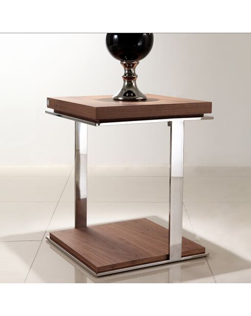Table d'angle 2 plateaux noyer/argenté  - 45x45x55 cm