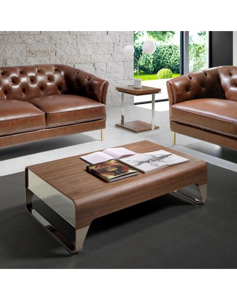 Table d'angle 2 plateaux noyer/argenté  - 45x45x55 cm