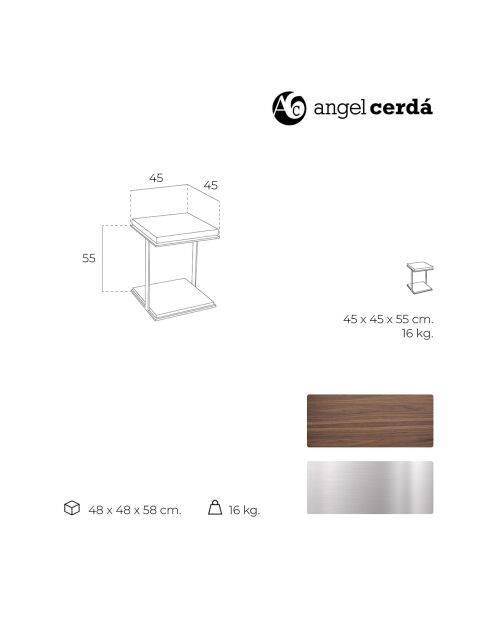 Table d'angle 2 plateaux noyer/argenté  - 45x45x55 cm