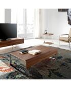Table basse 2 tiroirs avec plateau en verre poli noyer/argenté - 120x70x34 cm