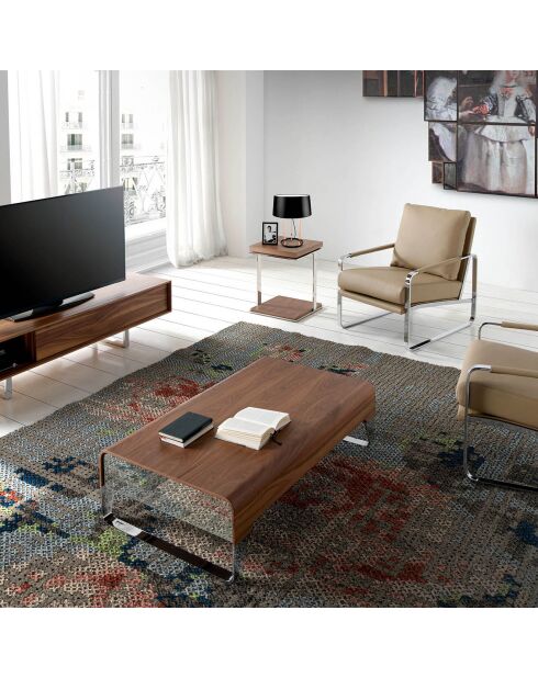 Table basse 2 tiroirs avec plateau en verre poli noyer/argenté - 120x70x34 cm