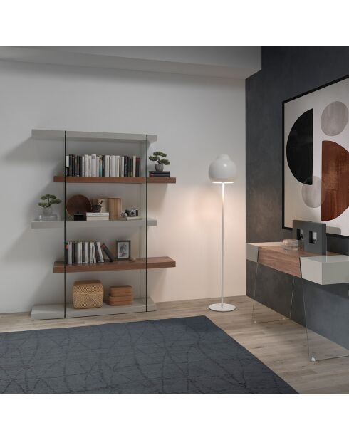 Bibliothèque avec côté en verre trempé noyer/blanc - 140x33x180 cm