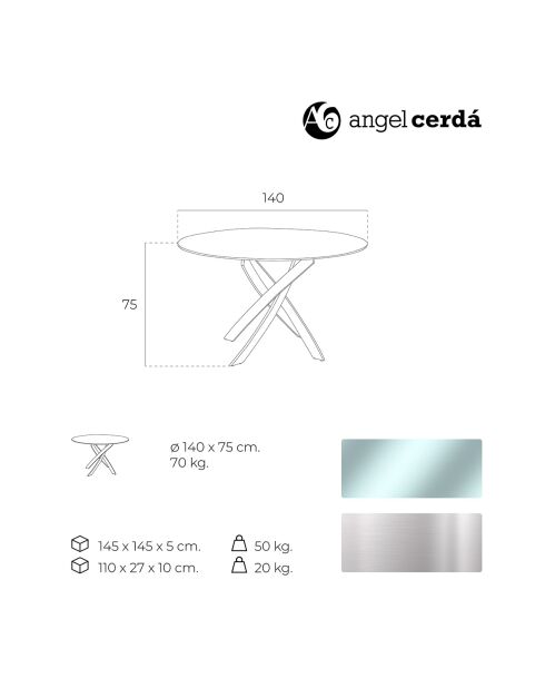 Eettafel met transparant/zilverkleurig glazen blad - 140x140x75 cm
