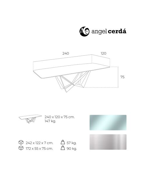 Table de salle à manger avec plateau en verre transparent/argenté - 240x120x75 cm