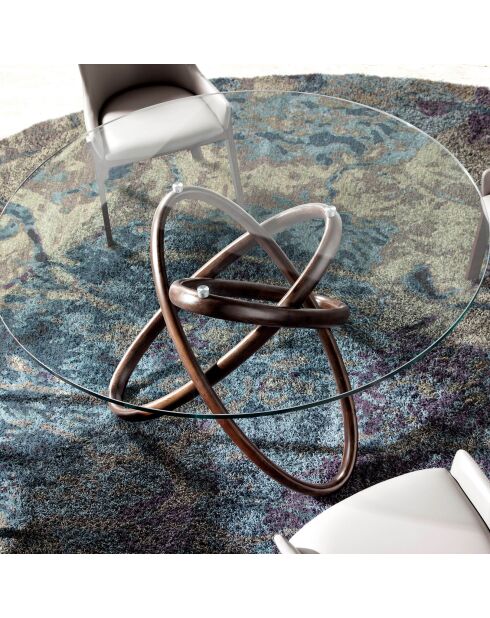 Table de salle à manger ronde plateau en verre noyer/transparent - 150x150x75 cm