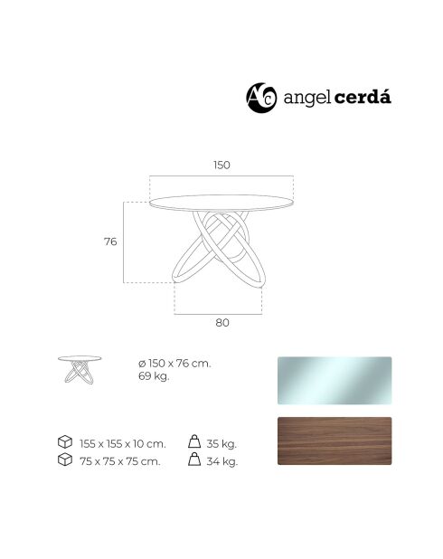 Table de salle à manger ronde plateau en verre noyer/transparent - 150x150x75 cm