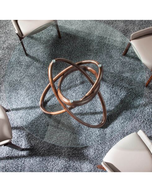 Table de salle à manger ronde plateau en verre noyer/transparent - 150x150x75 cm