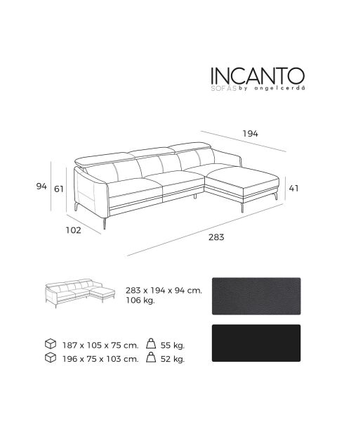 Canapé d'angle droit en Cuir noir - 283x174x75 cm
