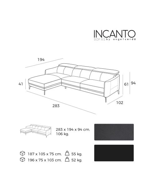 Canapé d'angle gauche en Cuir noir - 283x174x75 cm